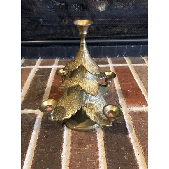 Stunning Vintage Gold Brass Christmas Tree Candelabra 8.5 in tall Heavy - Picture 2 of 7